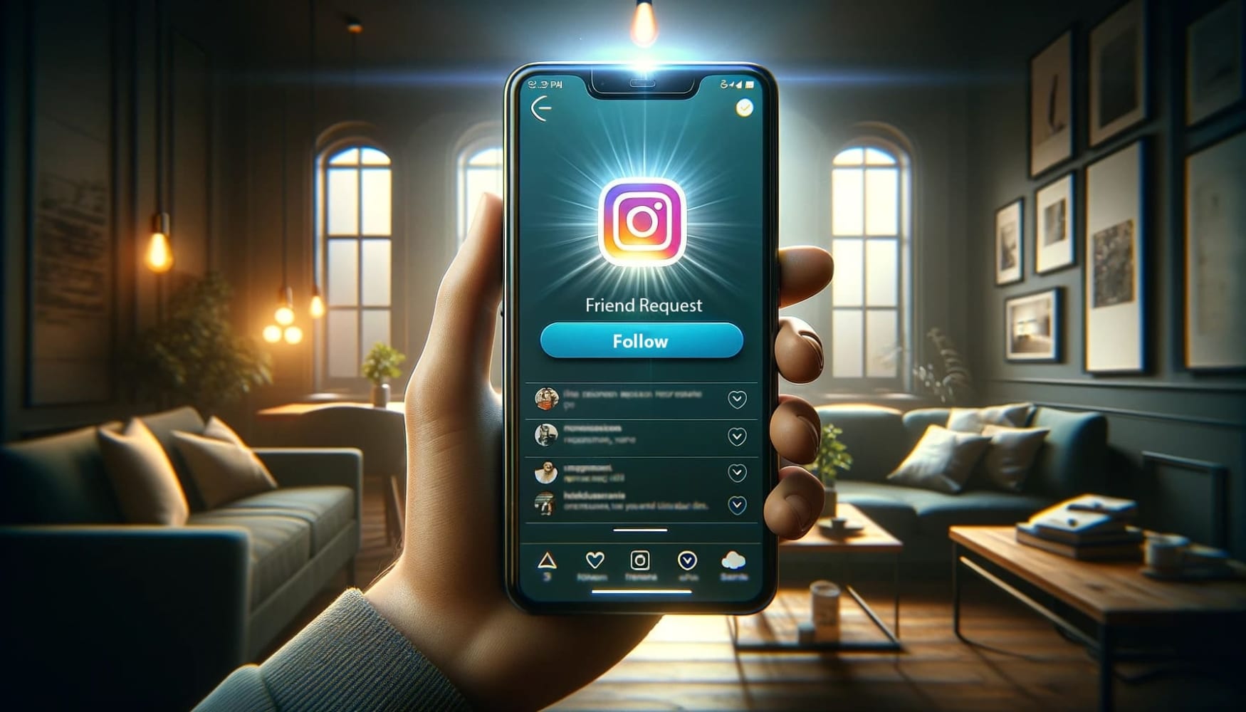 The illustration depicting a hand holding a smartphone with the Instagram interface on the screen. The screen display a friend request notification with a clear, vibrant 'Follow' button.