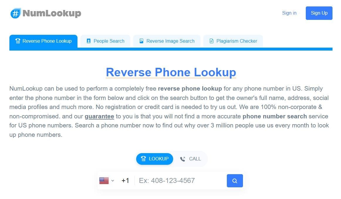 NumLookup reverse phone number lookup website home page screenshot