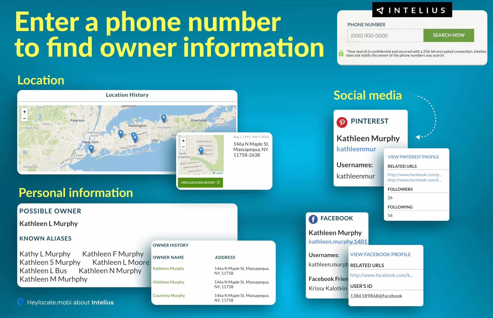 A promotional image for Intelius services showing how to obtain various details about a person by entering their phone number. It includes a location history map, personal information with known aliases and owner history, and social media profiles related to the individual.