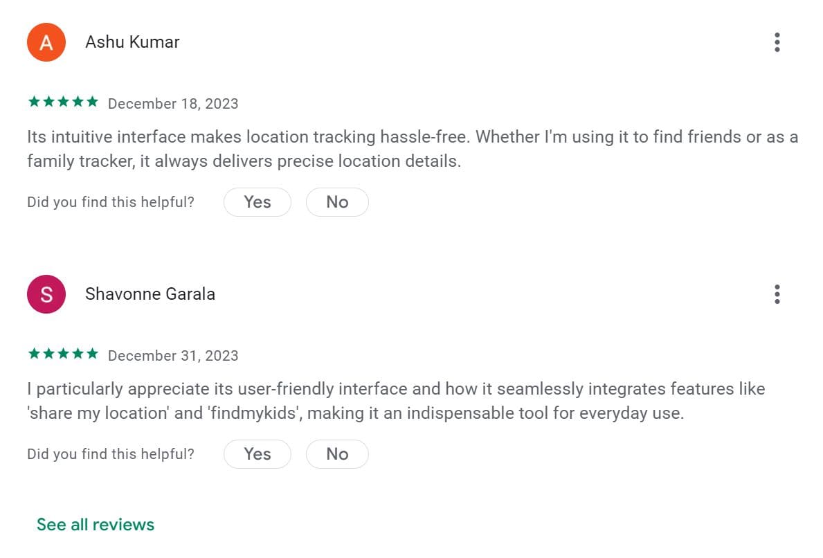 Two positive reviews of GEOfinder on Google Play