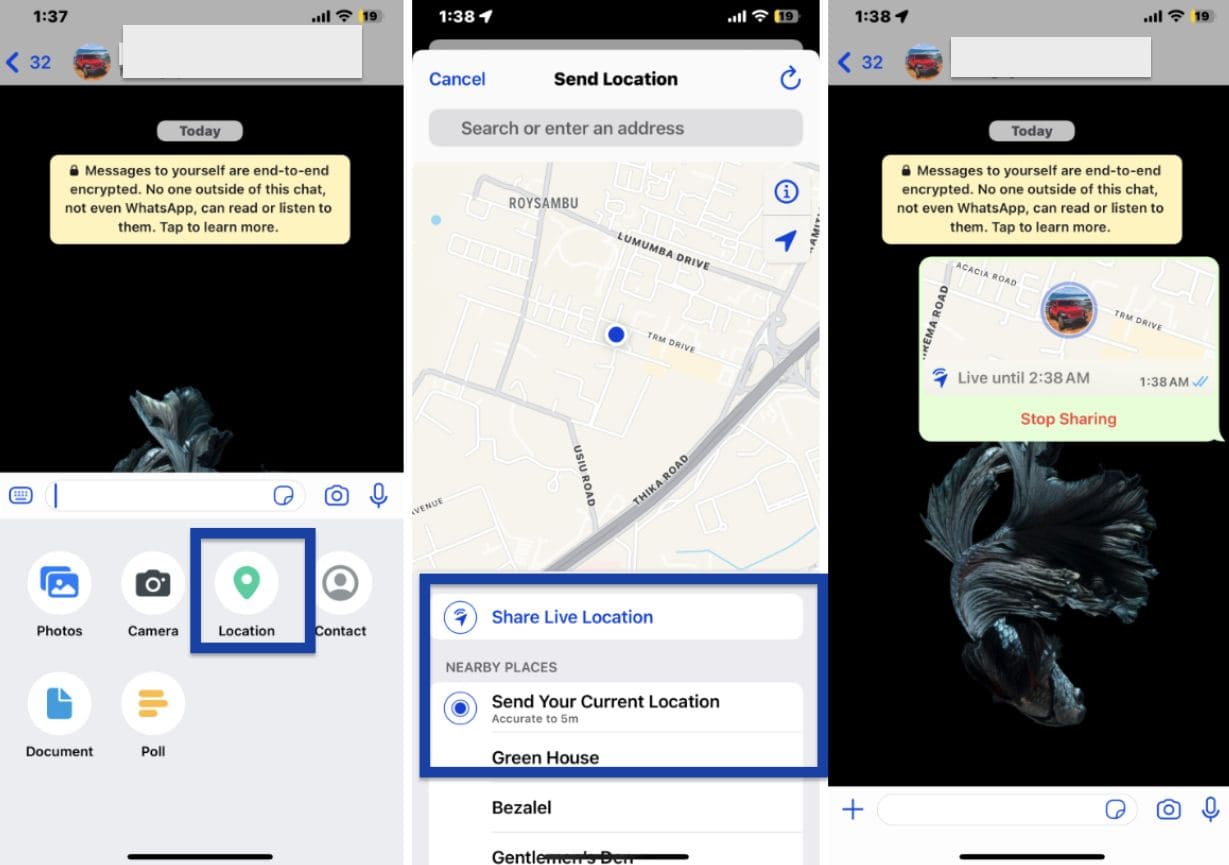 Screenshots of sharing your location on WhatsApp Messenger