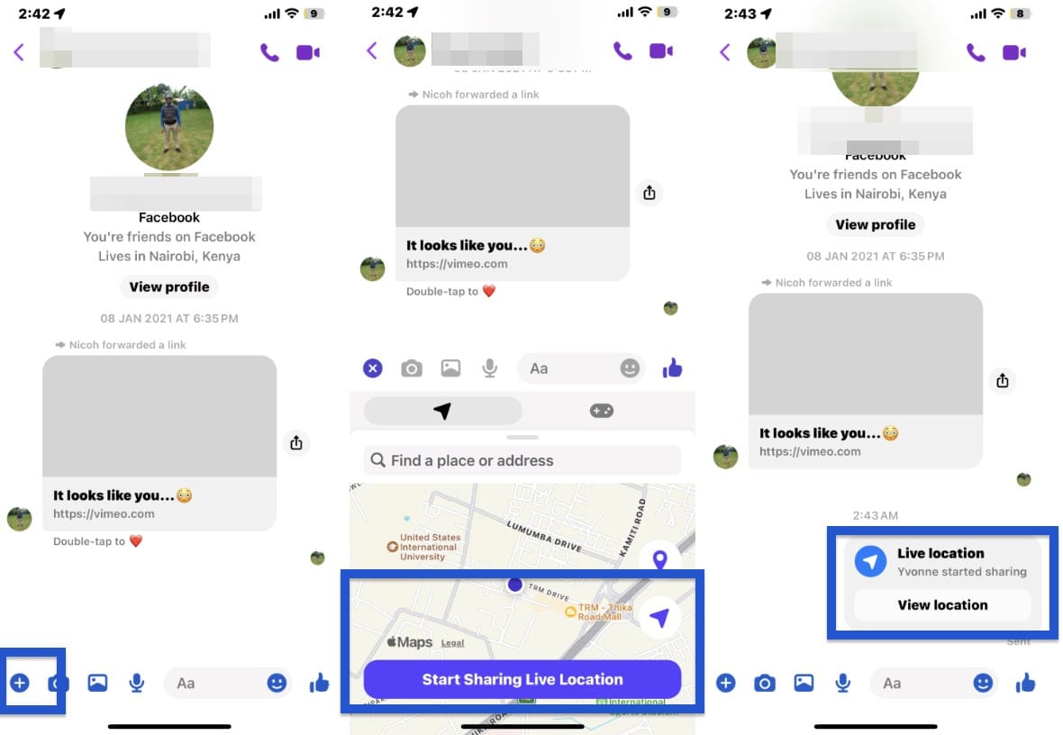 Screenshots of sharing your location on Facebook Messenger