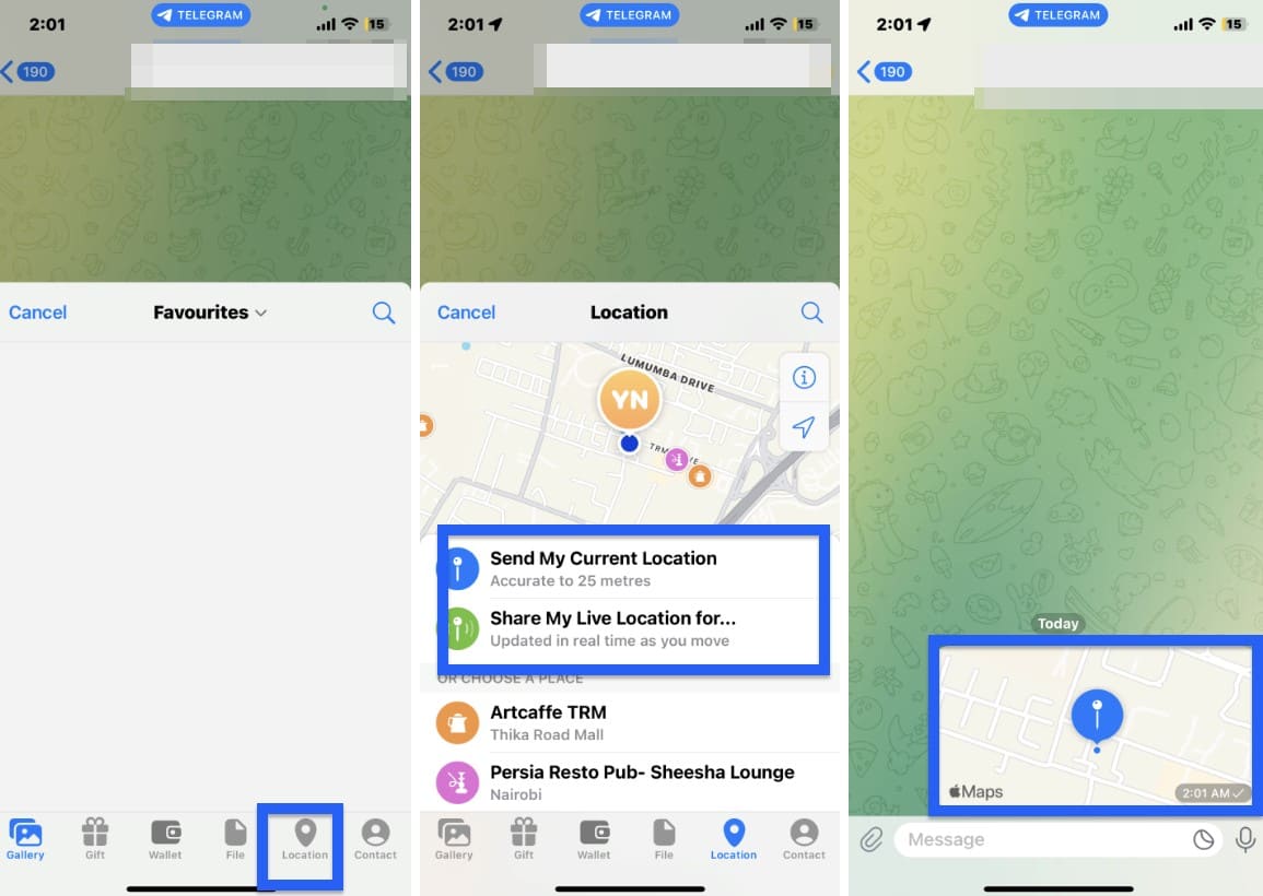 Screenshots of sharing your location on Telegram