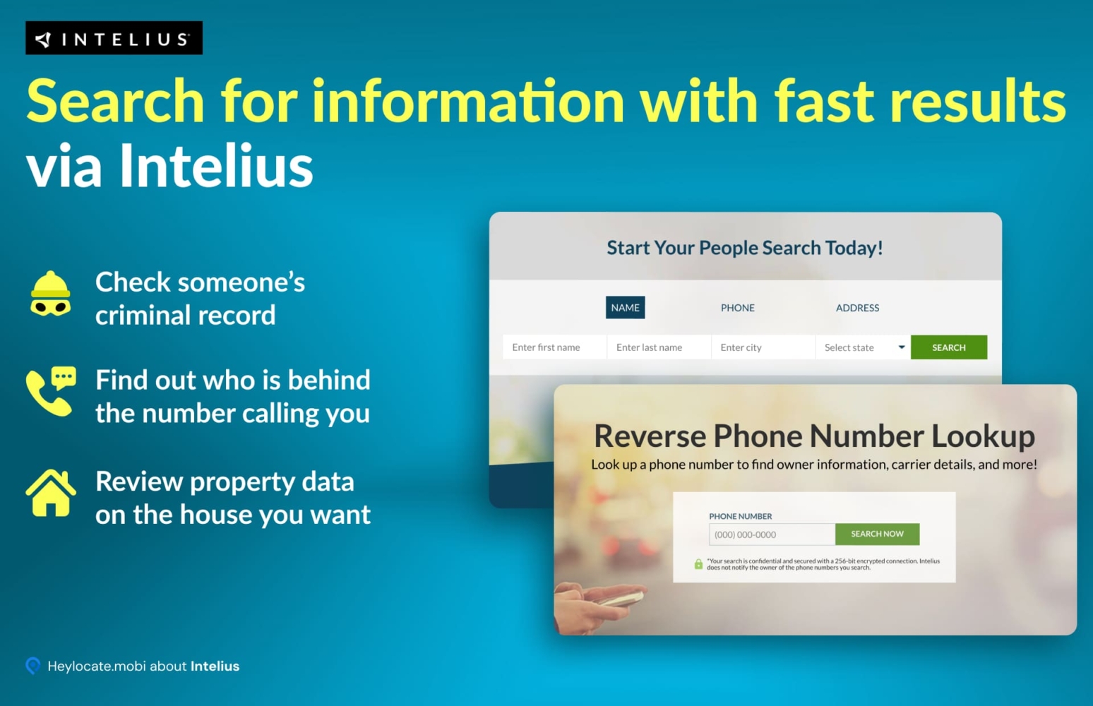 A graphic for Intelius, highlighting services such as checking criminal records, reverse phone number lookup, and reviewing property data, with a search interface inviting users to start their people search.