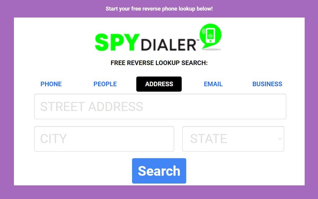 View of SpyDialer residential address search page with input field