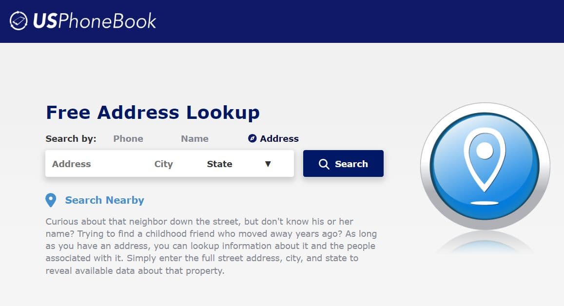 View of USPhoneBook residential address search page with input field