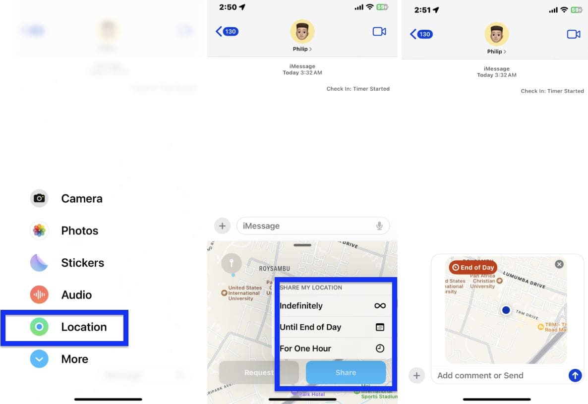 iPhone screenshots with steps on how to share location feature on iMessage