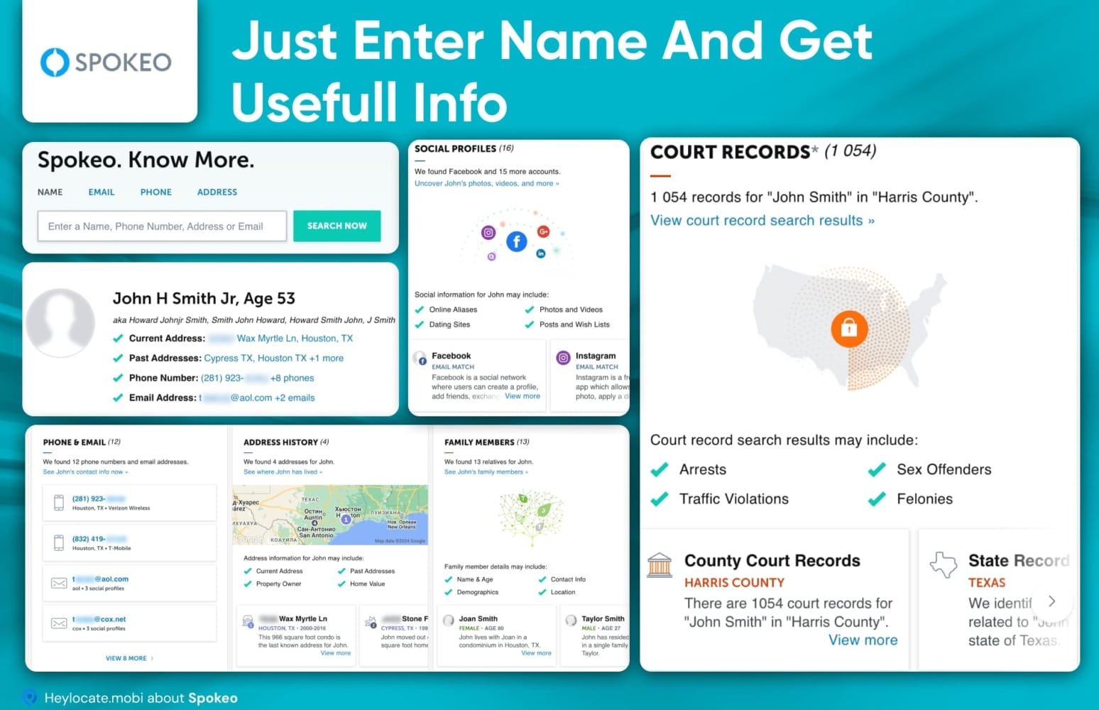 An example search result page on Spokeo, displaying personal information for a person. The page shows verified current and past addresses, phone numbers, email addresses, along with a map indicating location history. Additionally, there are tabs for social profiles, family members, and court records, suggesting comprehensive background information including social media activity and public records. The graphic illustrates how Spokeo compiles various types of data into a detailed profile for individuals being searched.