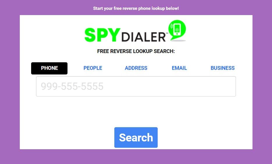 Screenshot of the main page of the Spy Dialer reverse phone number lookup website