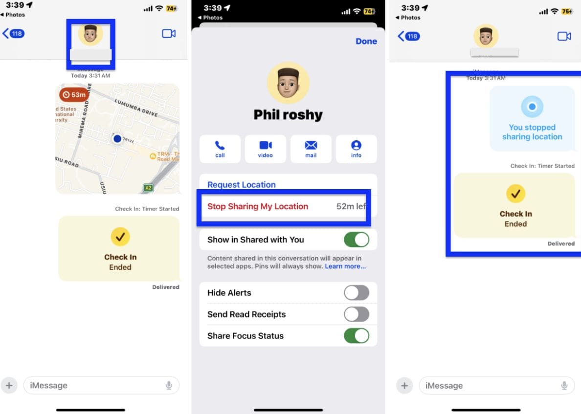 iPhone screenshots with steps on how to stop sharing location on iMessage