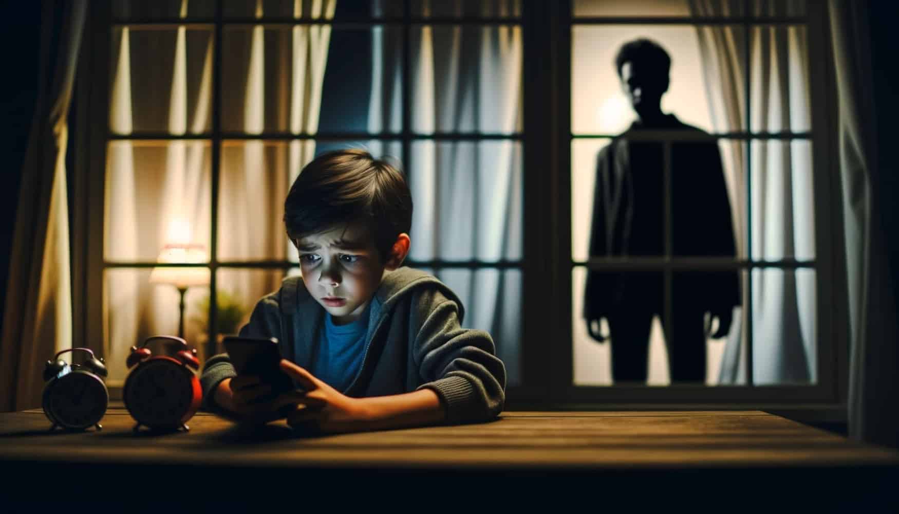 A boy sits at a table in a dark room and looks at a cell phone, on the table stand two watches, behind the back of the boy a large window in which the light is shining and stands a man who looks at the boy, on the window hang curtains and there is a table lamp next to the flower