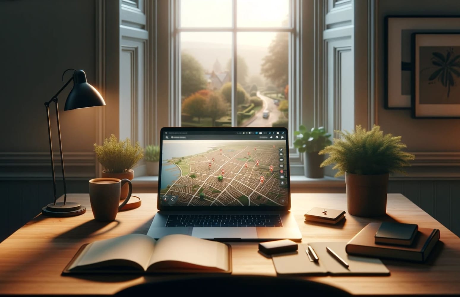 A laptop standing on a wooden table by a window overlooking the city, a map with location tags open on the laptop