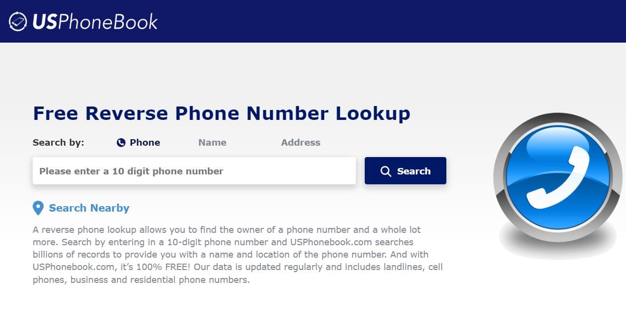 USPhoneBook reverse phone number lookup website home page screenshot