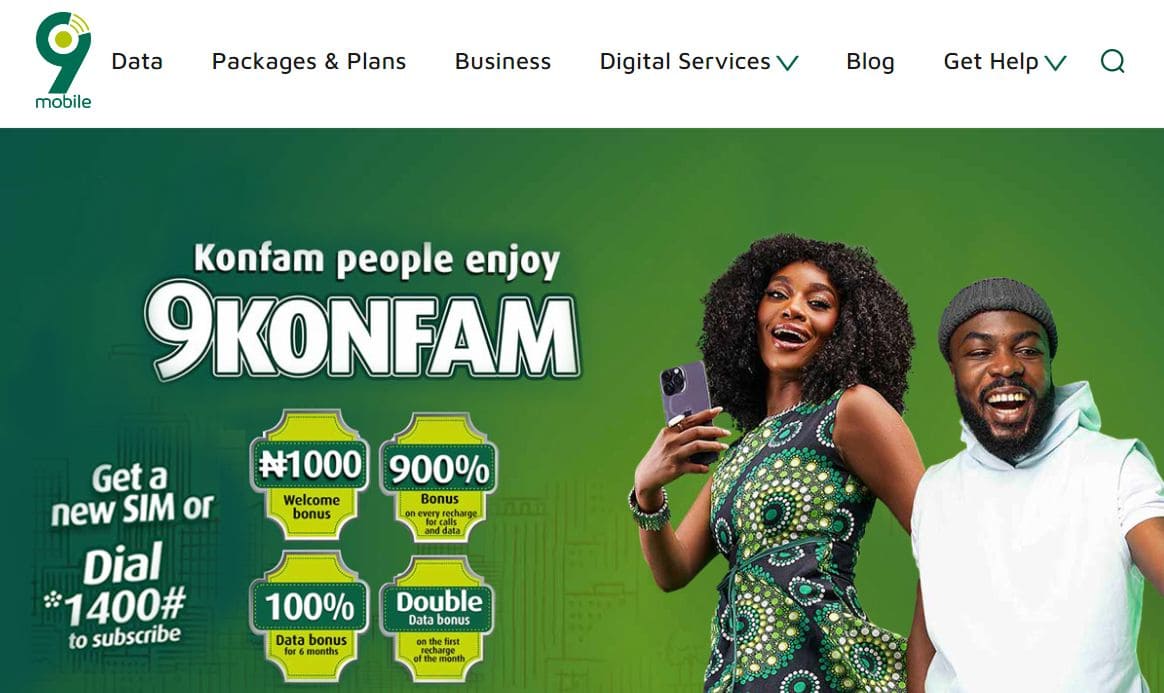 View of the main page of 9Mobile website
