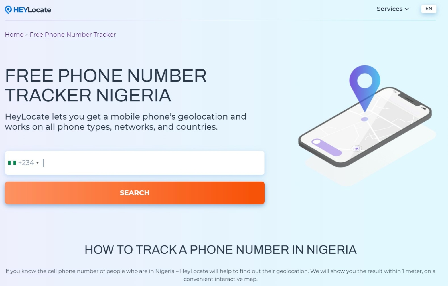 Heylocate free phone number tracker Nigeria home page with the form to type in number and find the location for free