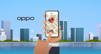 An illustration of a hand holding a smartphone Oppo with a map application on the screen, indicating a location with a red pin.