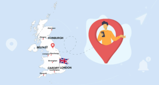 A map of the United Kingdom with geolocation tag and a person tracking location by mobile phone