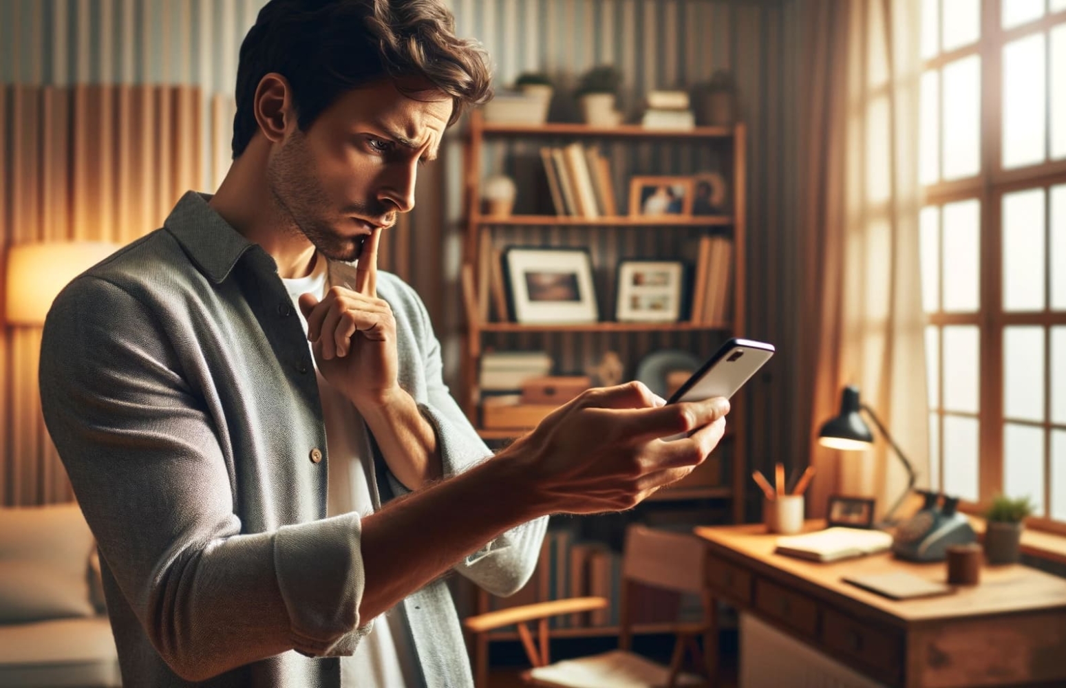 The image shows a man standing in a bright, cozy room with a neutral interior. His attention is completely absorbed by the smartphone he is holding in his hand. His gaze is tensely fixed on the screen, which displays an incoming call from an unknown number. Around the man are elements of everyday life: in the background is a table with a stack of books, a notebook and pens, and on a shelf are pictures of the family