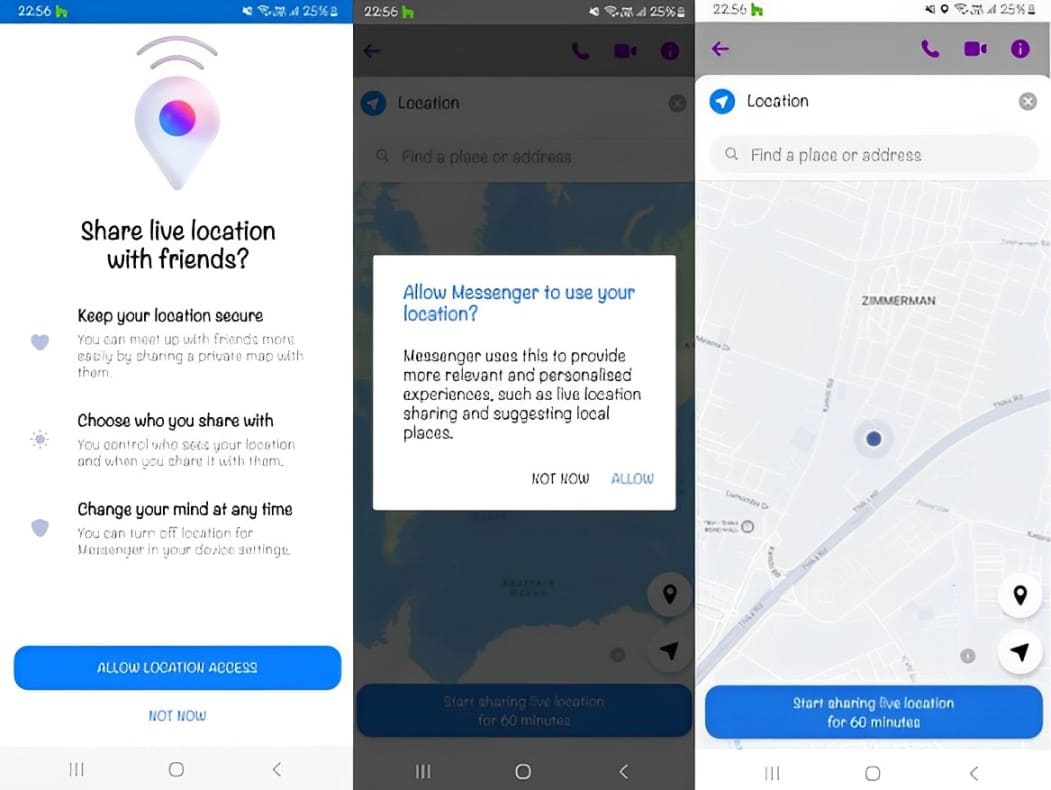 An image of how to share a live location using Facebook Messenger