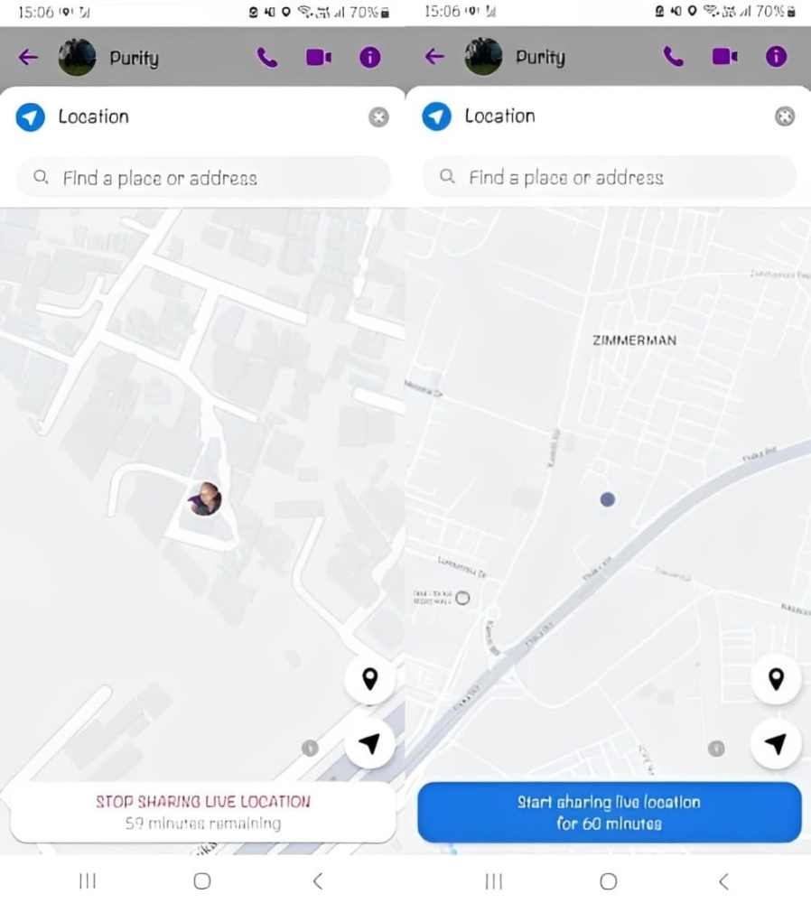 Two screenshots of the location sharing feature in Facebook Messenger