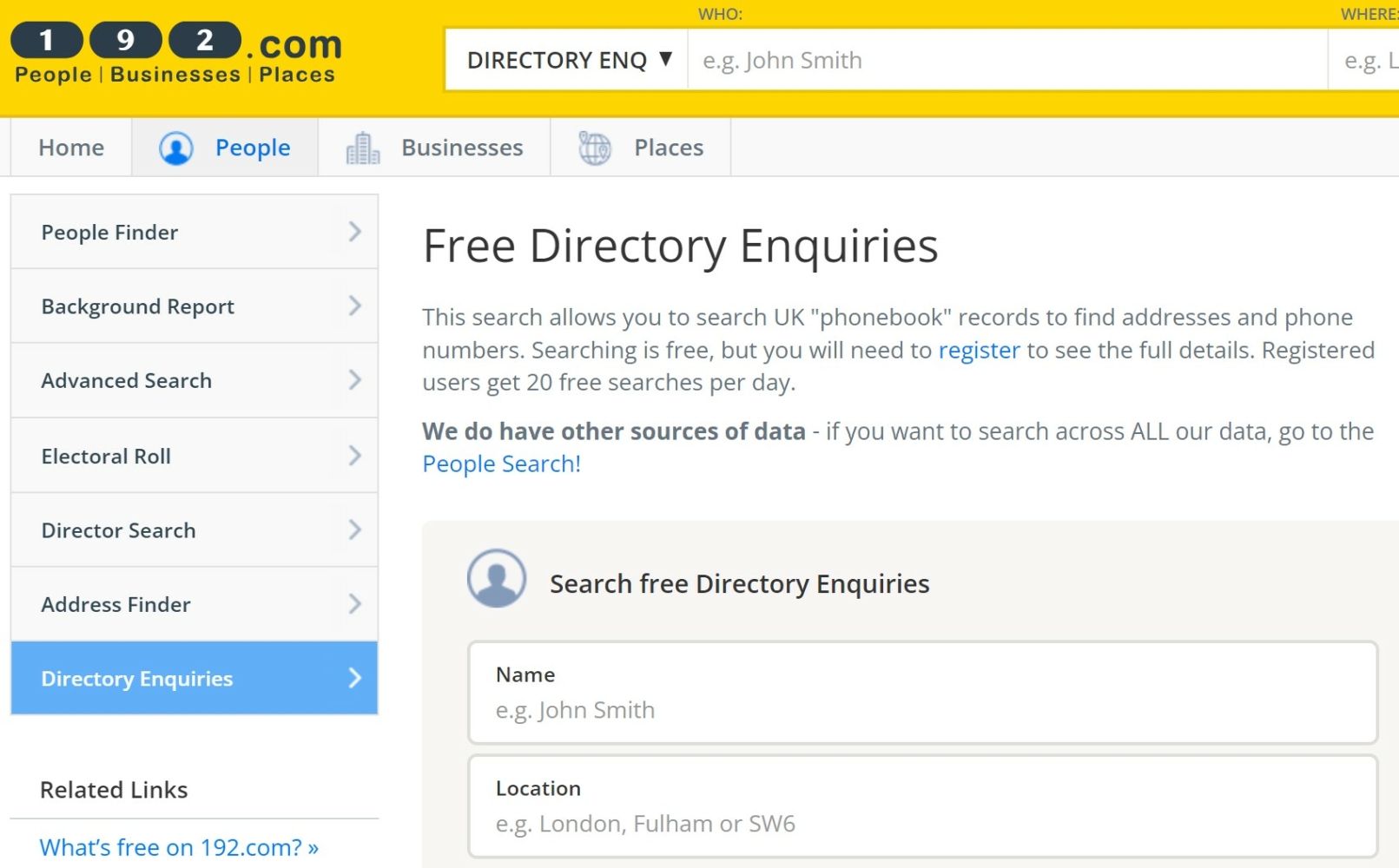 free phone directory enquiries form on 192 com UK