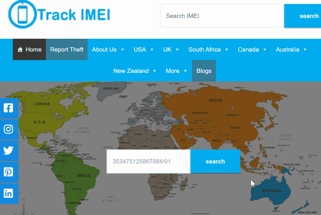 A GIF of an online IMEI tracker auto-reloading several times when finding a phone's location