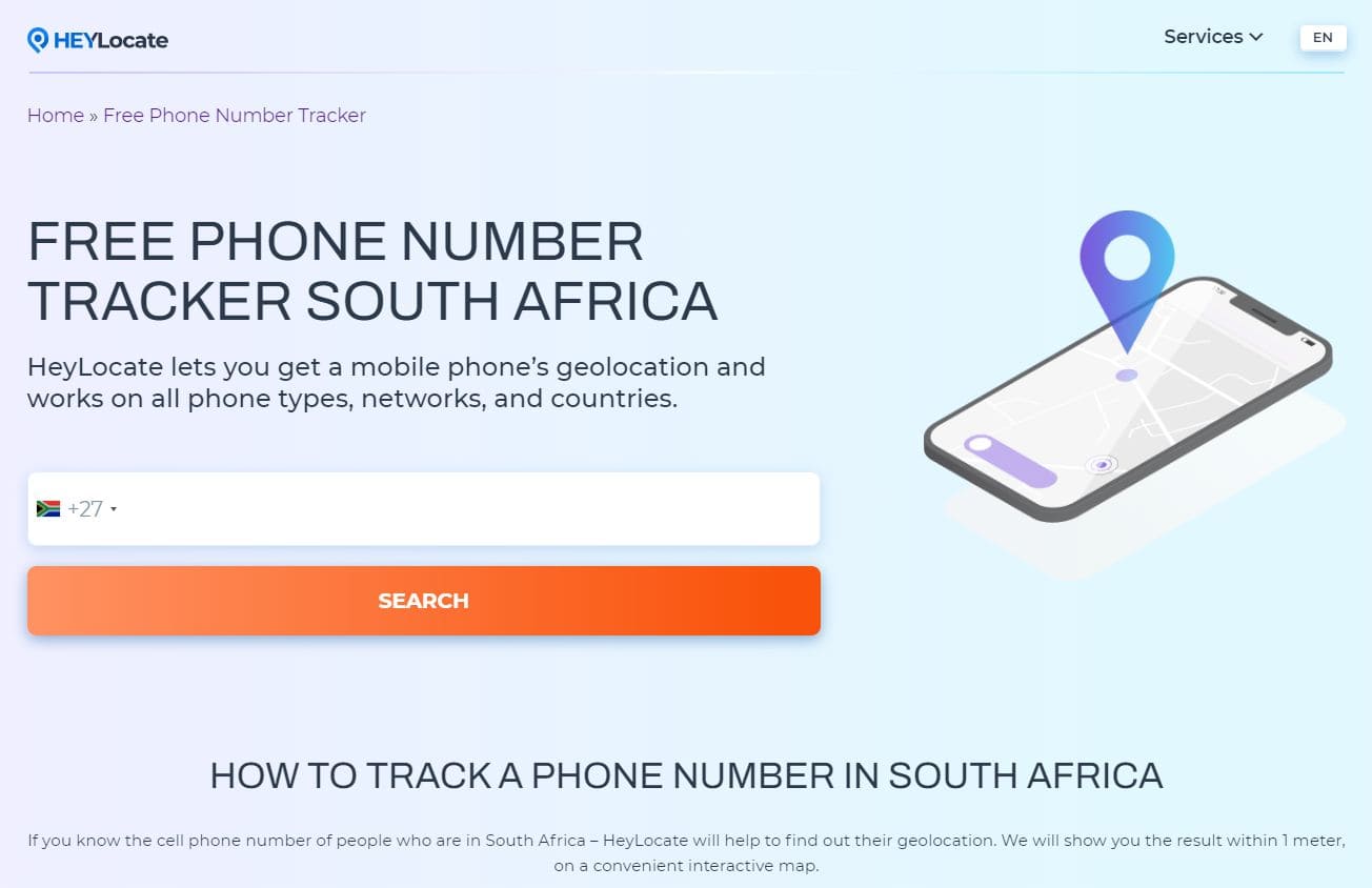 Heylocate free phone number tracker South Africa home page with the form to type in number and find the location for free
