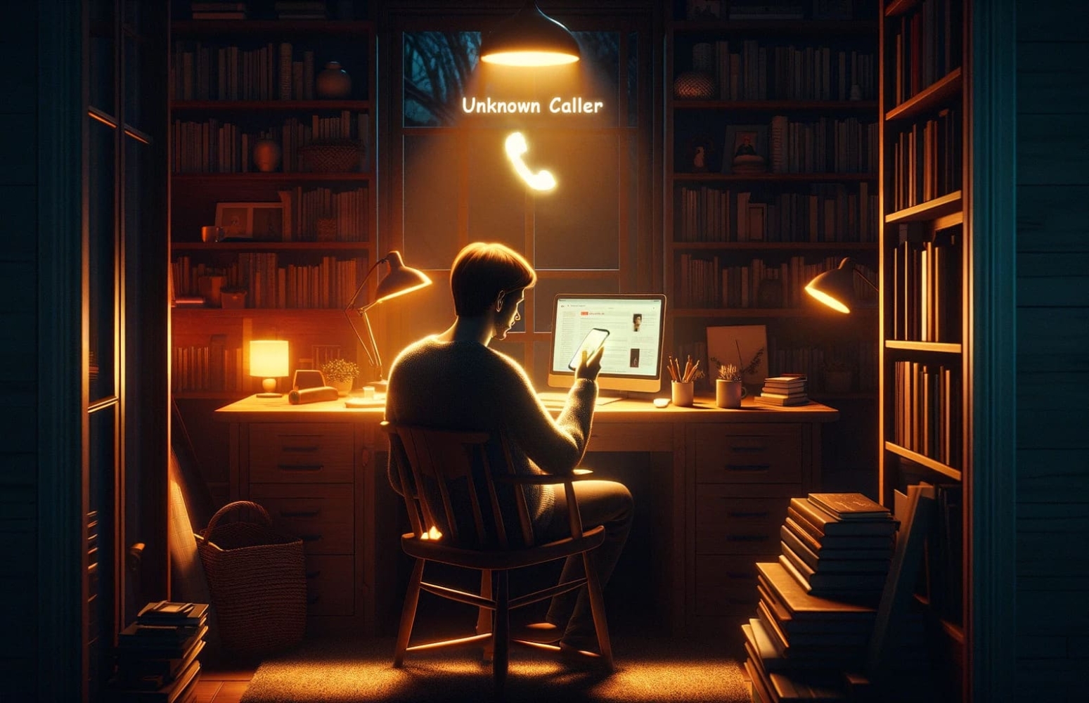 In a dark room with books on the shelves at the table and the computer is on, a man sits with a phone in his hands, on the monitor is open an article about finding the phone number of an unknown subscriber on an iPhone, while on the phone receives an incoming call from an unknown subscriber