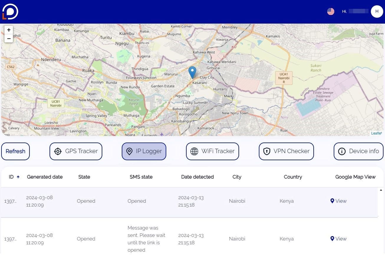 View of Locationtracker.mobi site showing information with search result via IP Logger function