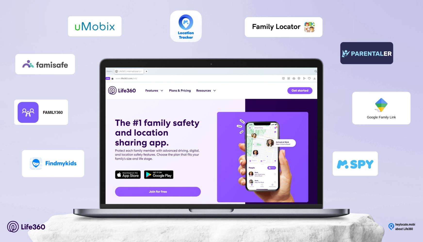 A laptop standing on a table with the Life360 app home page open, surrounded by other web pages from sites such as uMobix, uMobix, Find My Kids, FamiSafe, Parentaler, Family Locator, mSpy, Family360, Google Family Link