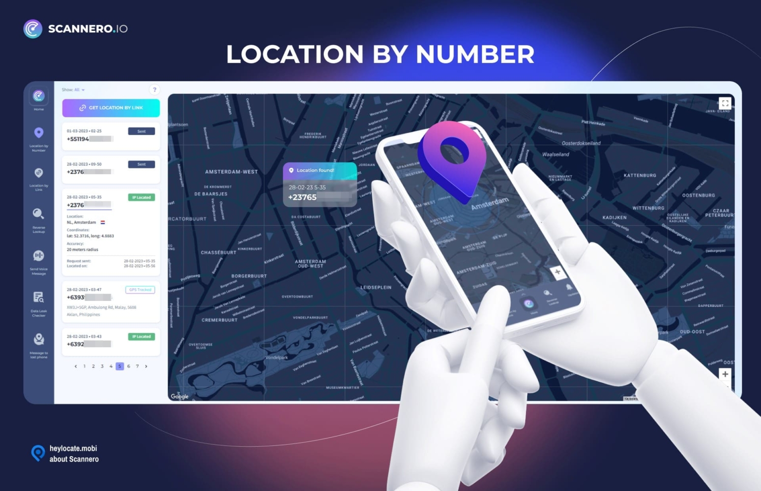 An illustration of a hand holding a smartphone with the Scannero.io app open, pinpointing a location on a map, alongside interface elements showing location tracking by phone number.
