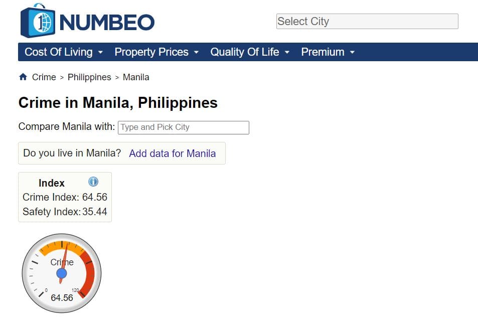 Screenshot of numbeo.com with information on crime rates in Manila