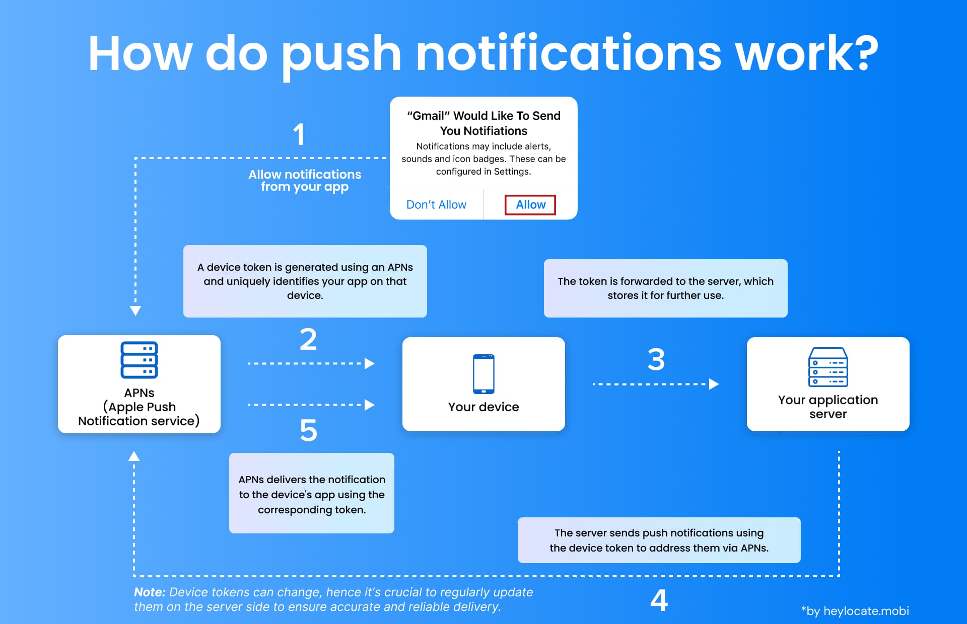 An explanatory graphic of how push notifications work, from when a user allows a notification from an app, through the full cycle of the app server, and the APNs, and finally delivering the notification back to the user's device