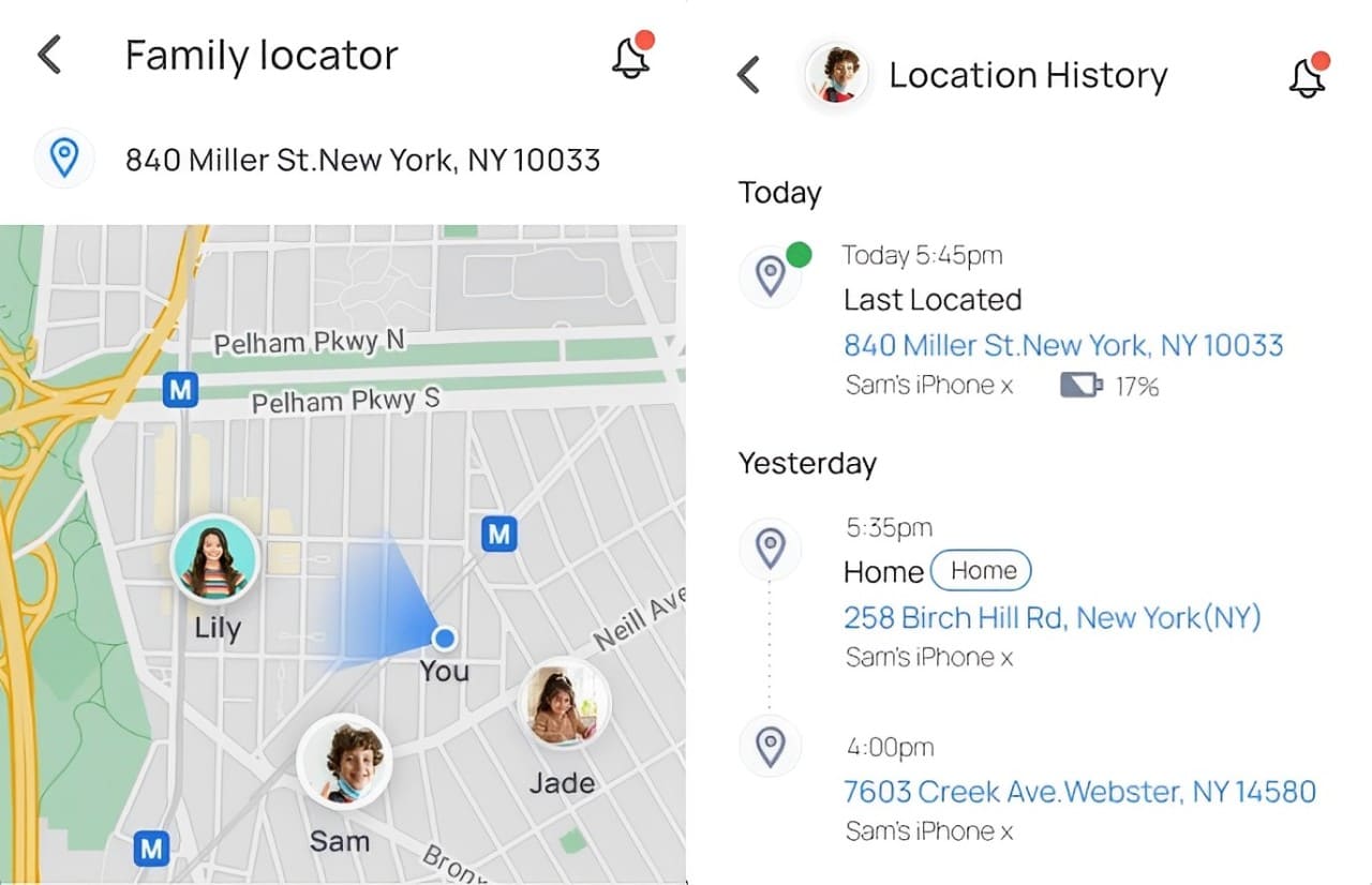 An image of using Mobicip Family Locator to see the current and location history of an Oppo phone