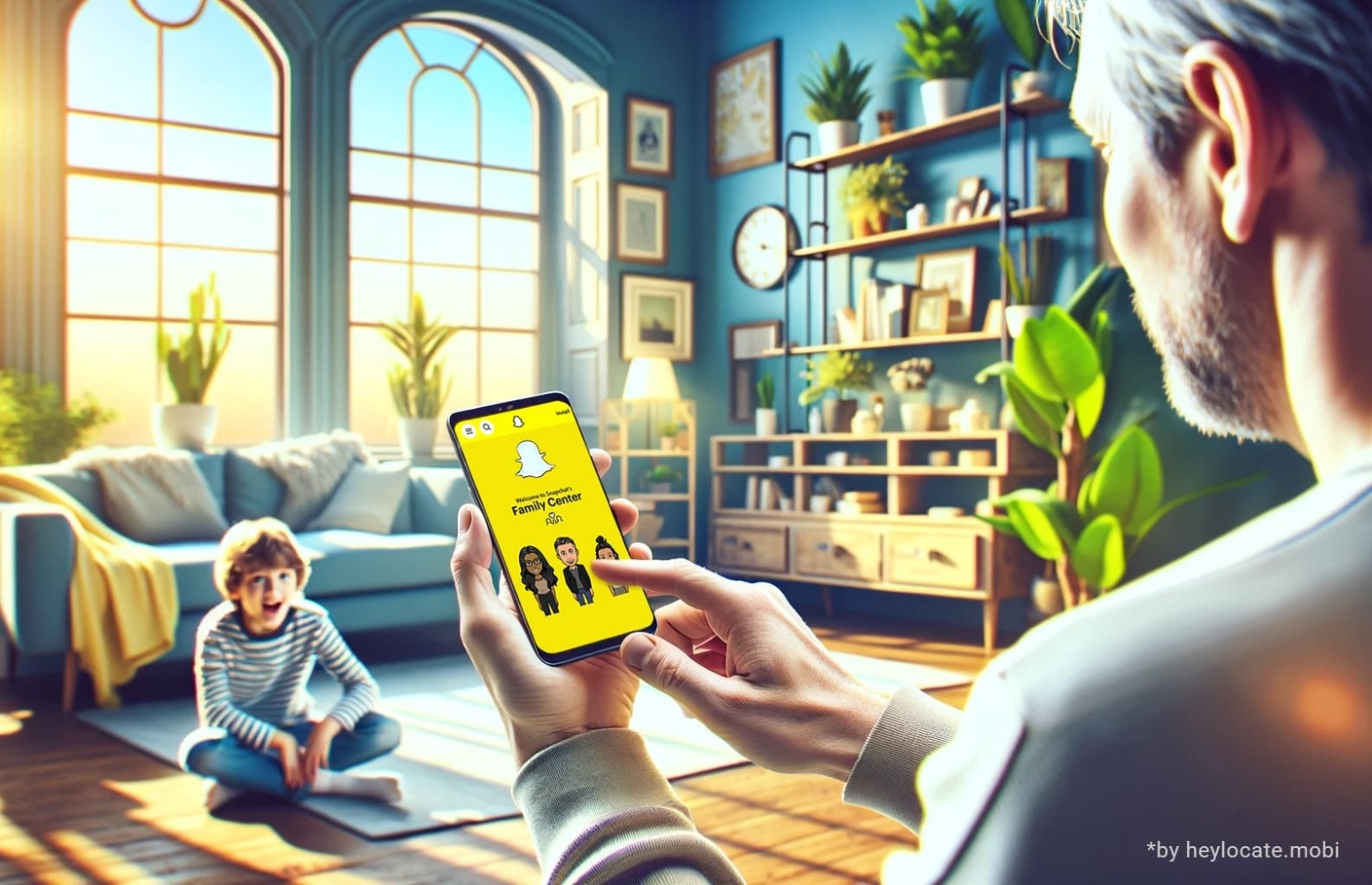In a spacious bright room, a cheerful child sits on the floor, behind him a sofa and two windows, on the side a shelf with books and a big flower. The child is sitting facing his father, who can be seen from his left shoulder in the image. The father is holding a phone in his hands, on which the information about parental control in Snapchat is open