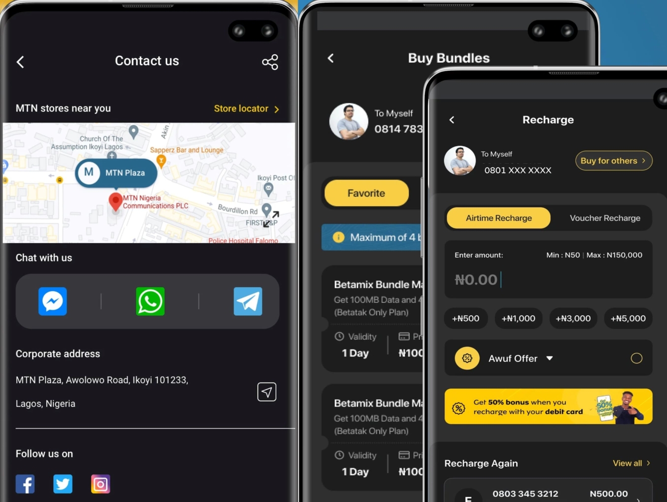 MTN Nigeria app, image of screenshots with personal assistant information and airtime and packages
