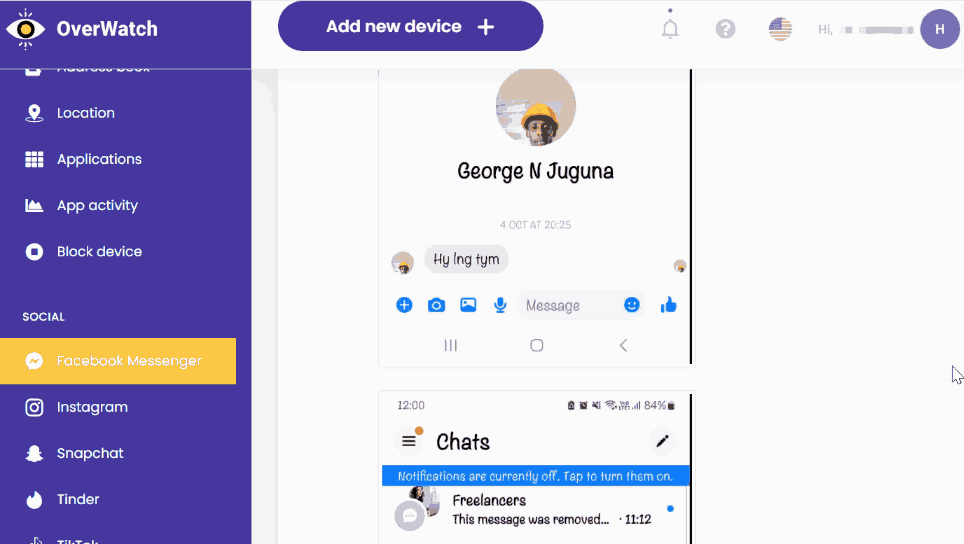 A GIF of OverWatch monitoring Facebook Messenger