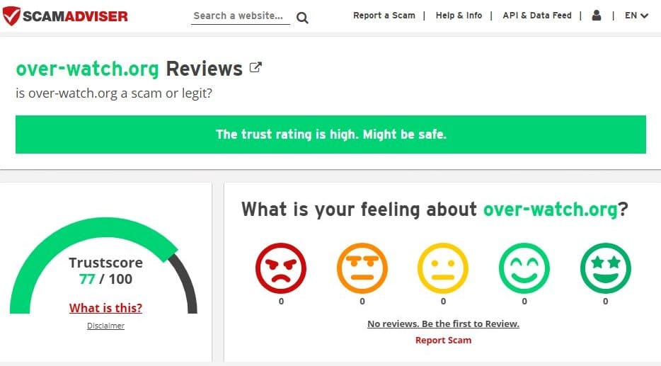 OverWatch trust rating on the Scam Advisor website