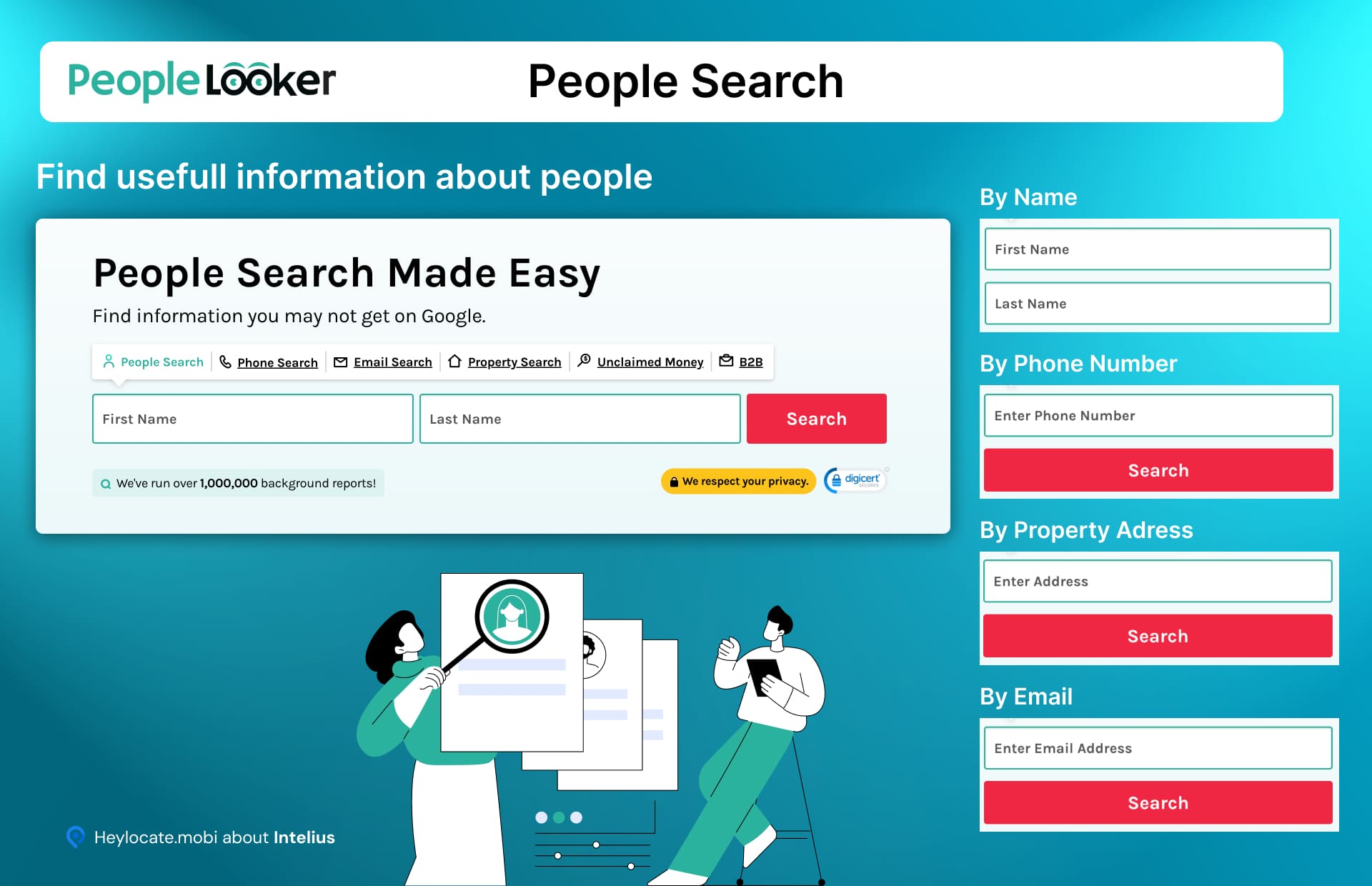 Web page interface of PeopleLooker providing various search options such as by name, phone number, address, and email, with a clean layout and an emphasis on easy people search capabilities.