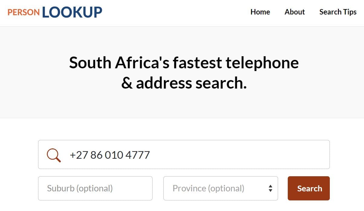 An image of Person Lookup with a South African phone number on the search bar