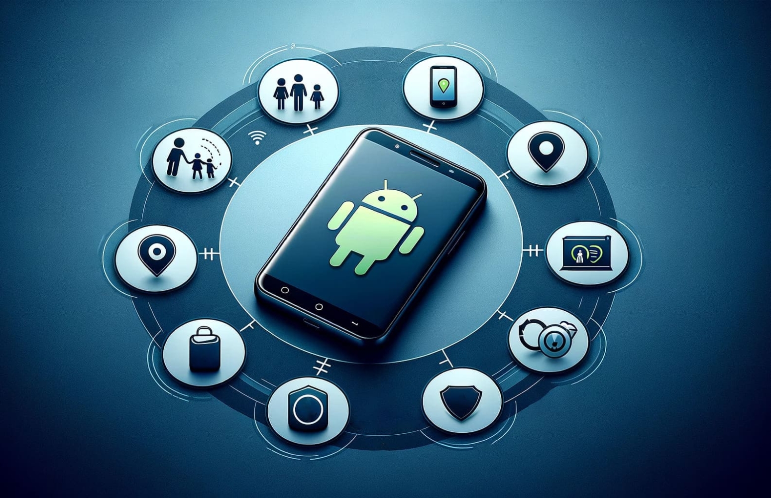 Cell phone on android screen with icons around it on a dark blue background with a circle of icons around it which includes camera, cell phone, family, wireframe diagram, objective abstract