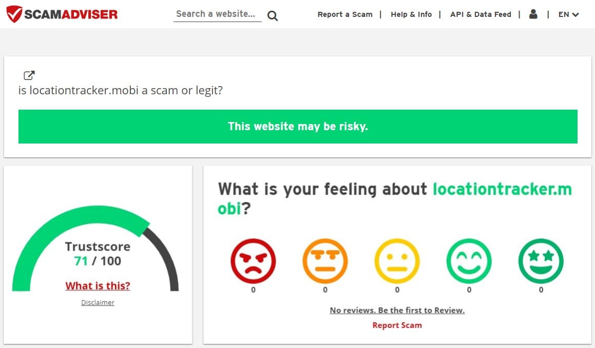 View of Scamadviser site where the confidence score for Locationtracker.mobi is listed