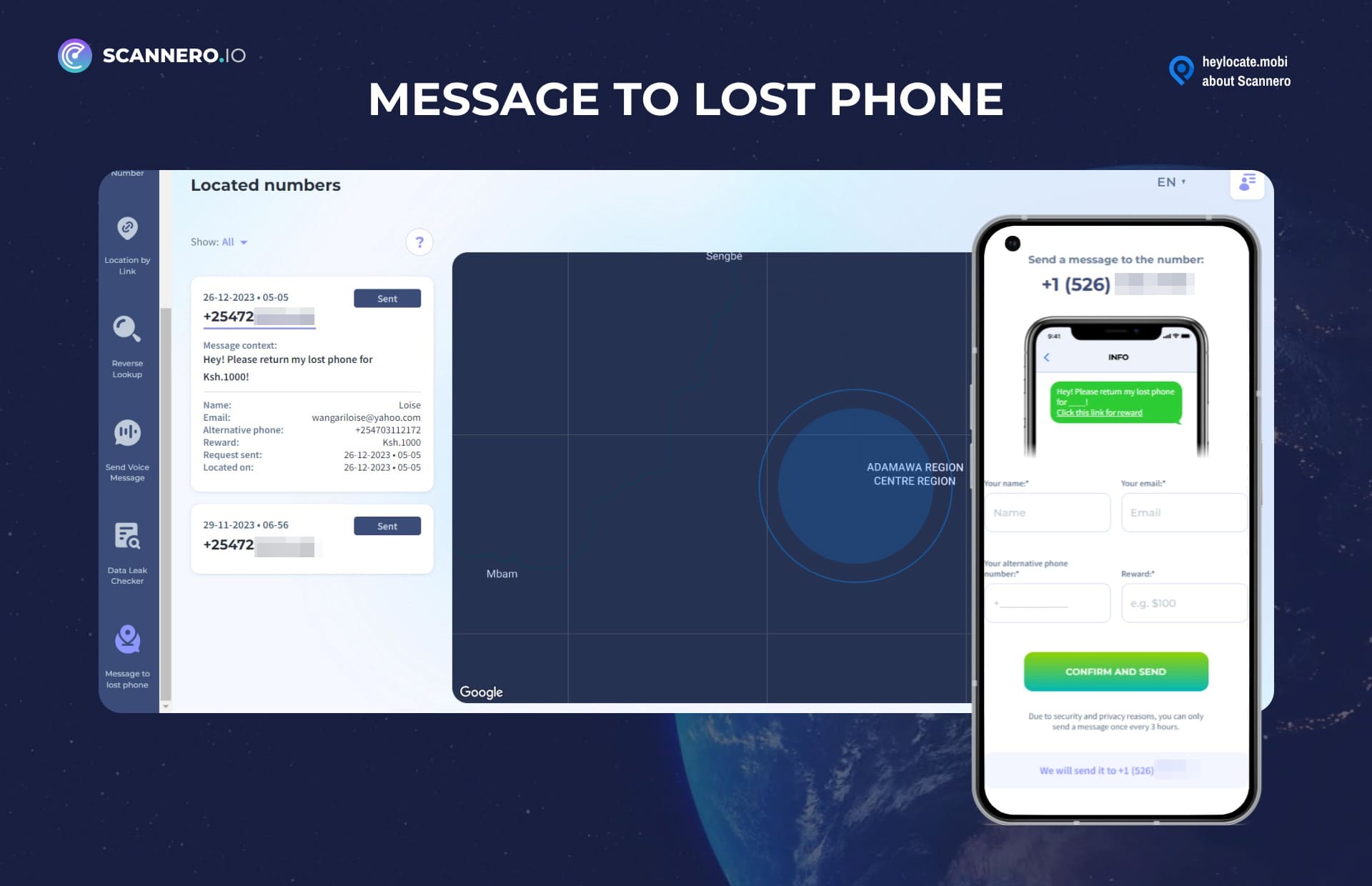 Interface showcasing the 'Message to Lost Phone' feature on Scannero.io with a list of located numbers and a message composition window for contacting the finder of a lost phone.