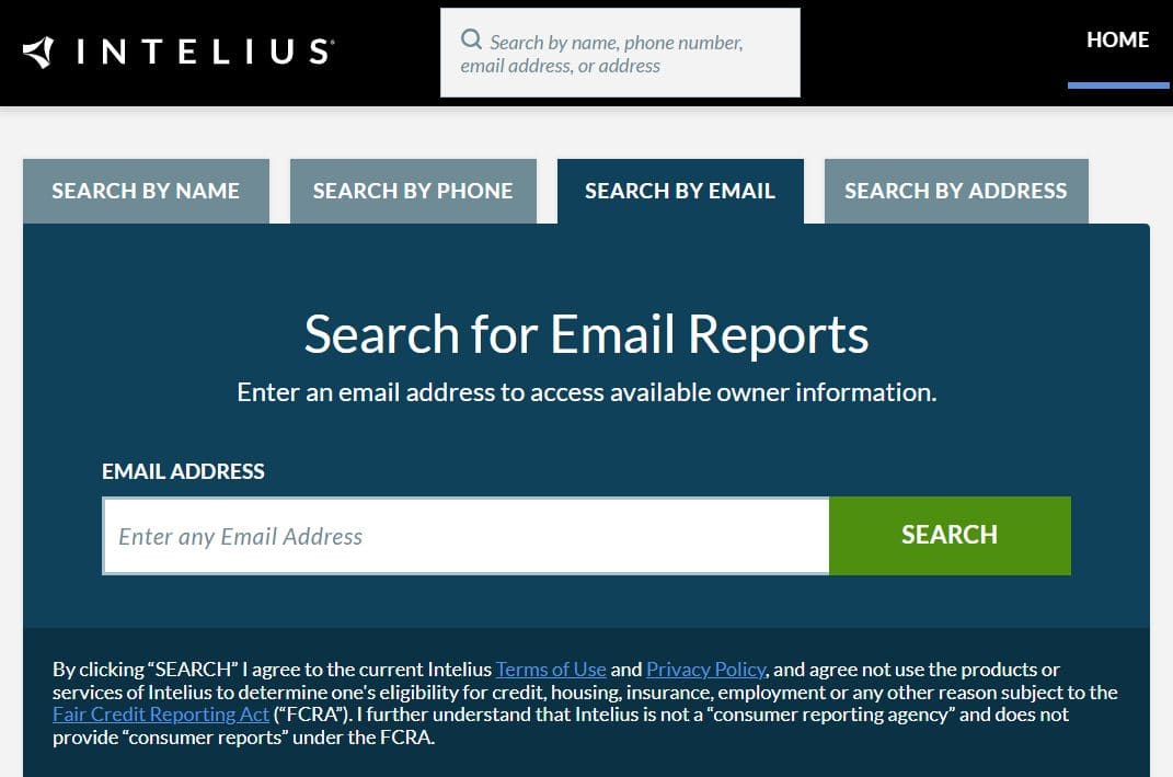 View of the Intelius website page with information for searching for a person by e-mail address