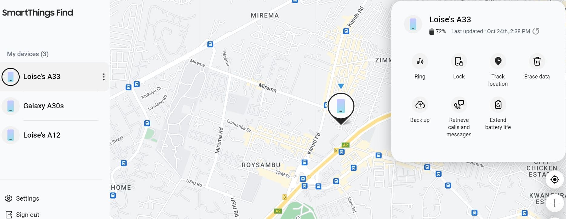 An image of SmartThings Find showing a phone’s location on a map