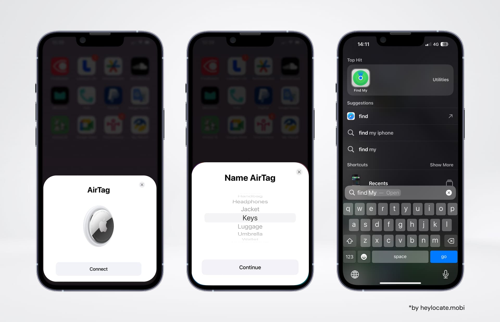 Three iPhones showing different stages of using Apple AirTag. The first one shows the connection to the AirTag, the second one shows the AirTag naming interface, and the third one shows the entrance to the Find My app