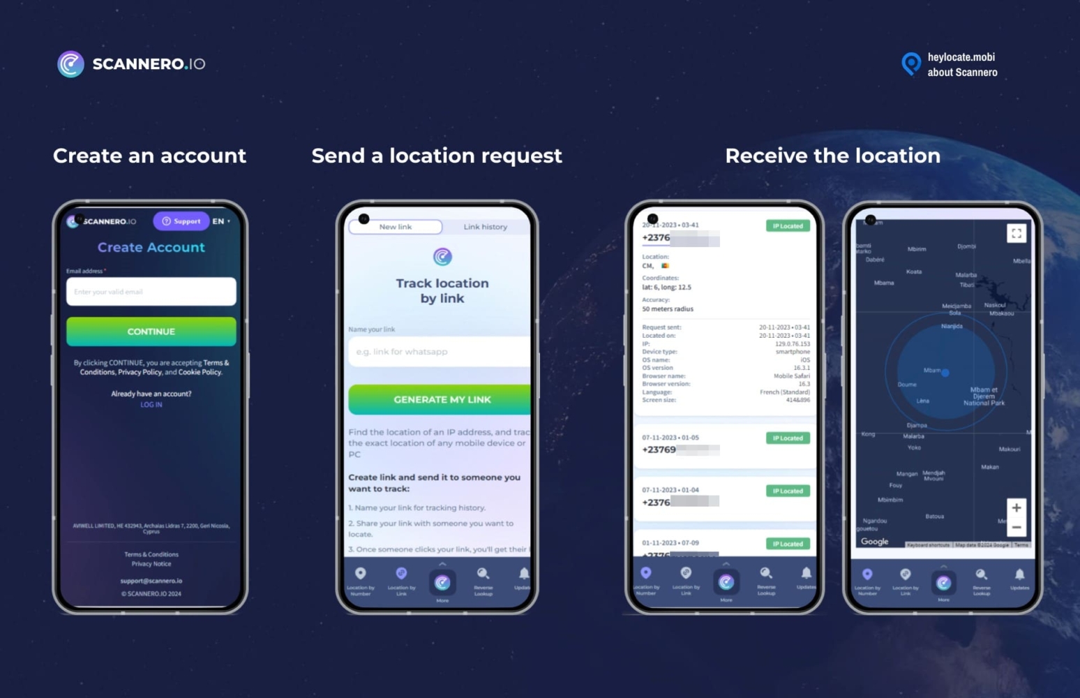 Mobile screens displaying Scannero.io app's location tracking feature, showing steps for account creation, sending a location request, and receiving the tracked location on a map.