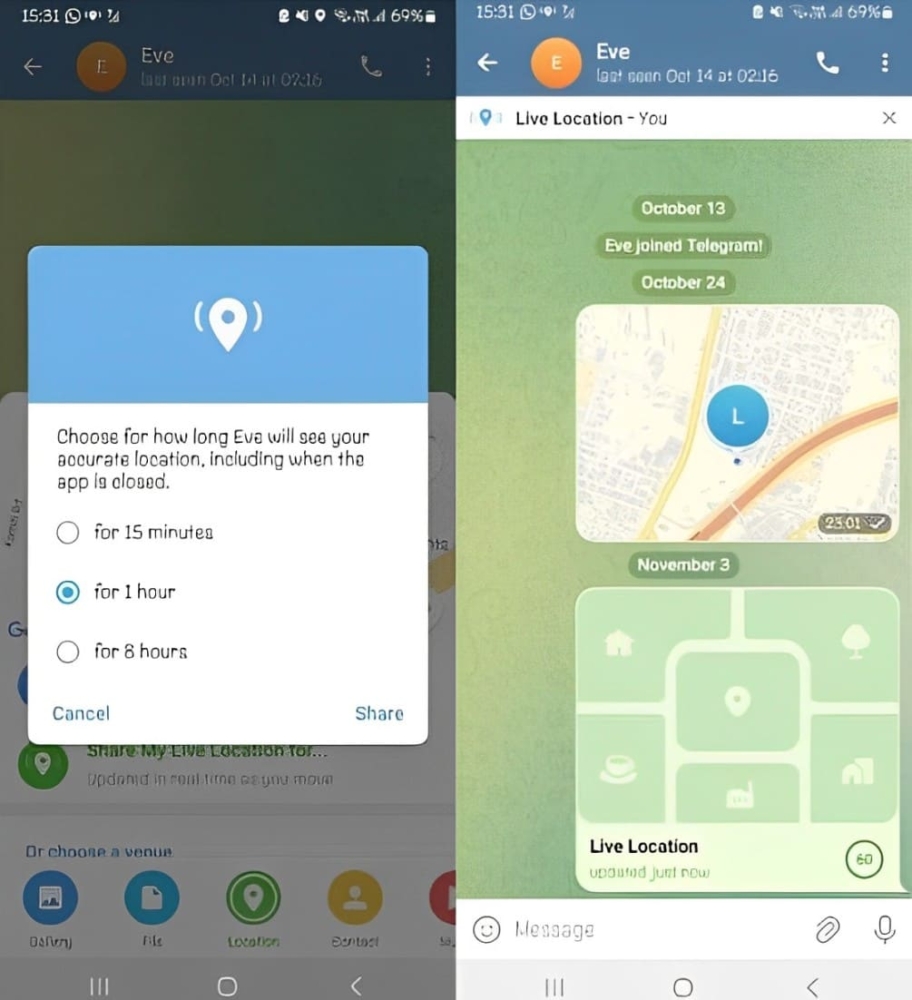 Image from two screenshots of Telegram location sharing