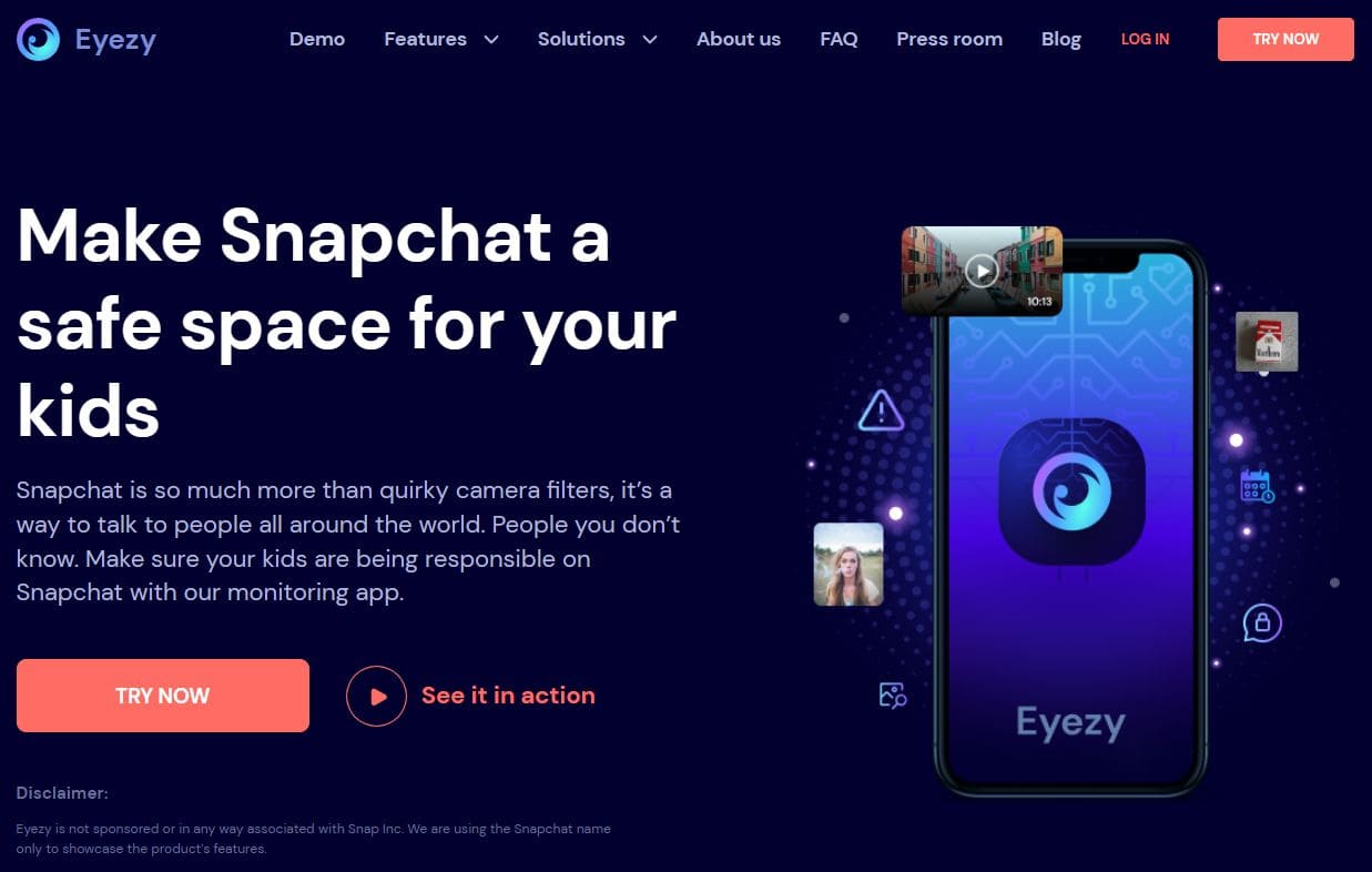 Image of Eyezy website with Snapchat tracking information and features