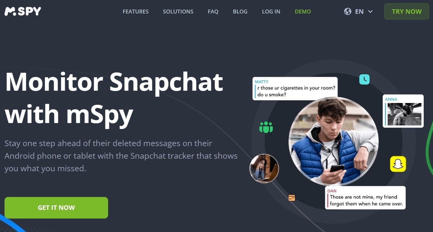 Image of the mSpy website with Snapchat tracking information and features